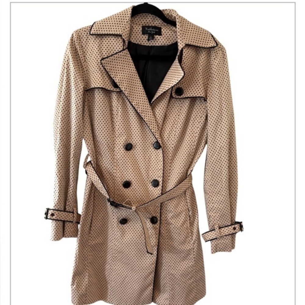 Katherine New York Y2K Tan & Black Polka Dot Belted Classic Retro Trench Coat M